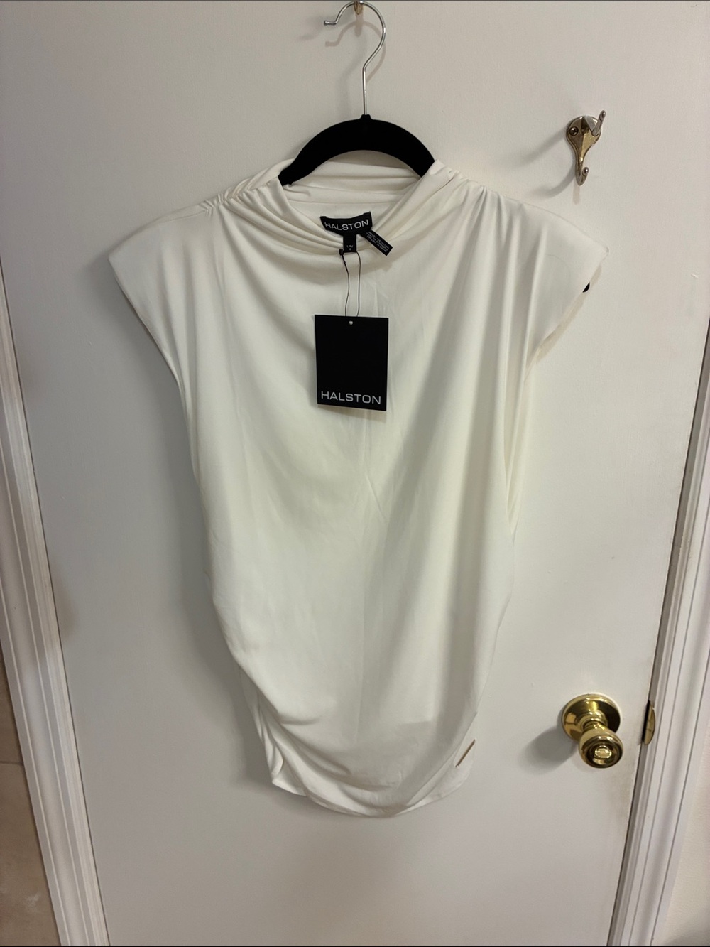 NWT Halston  White Draped Cap-Sleeve Top Sz L